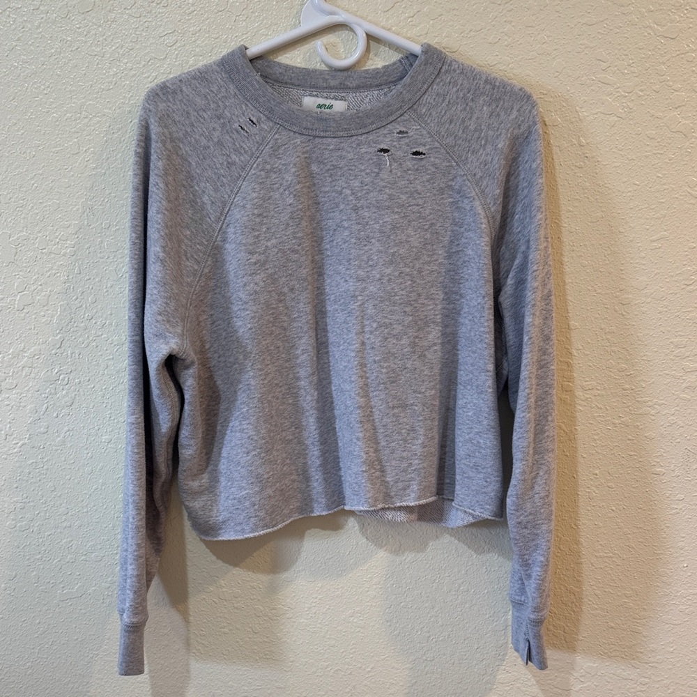 aerie Light Gray Distressed Crew Sweatshirt
